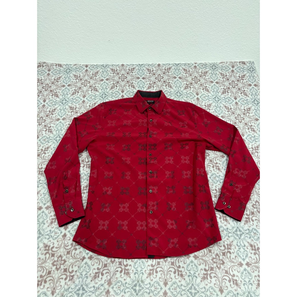Designs Clothing Mens Red Black Geometric Print Long Sleeve Button Down Shirt L